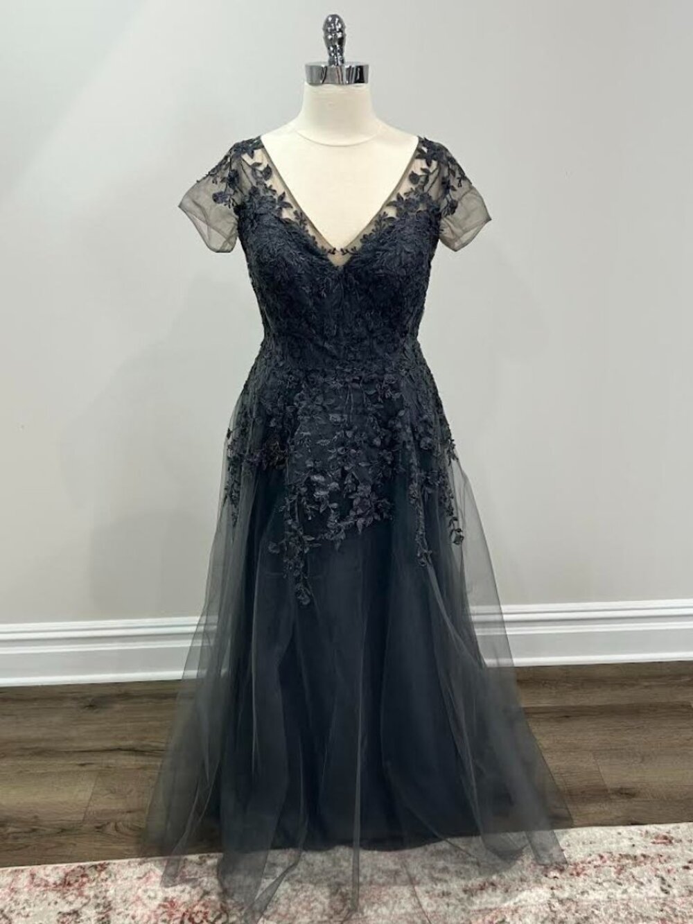 Gunmetal Lace Tulle Short Sleeve A-line Gown Style 17135 Size 16